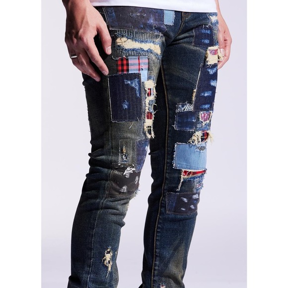 Embellish NYC Men's Rip & Repair Patchwork Distressed Skinny Fit Denim Jeans - Picture 4 of 6